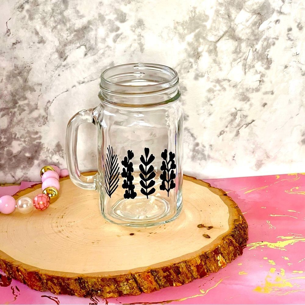 NWOT Mason Jar Mug in clear with Black Glitter Vinyl Sz 12 oz